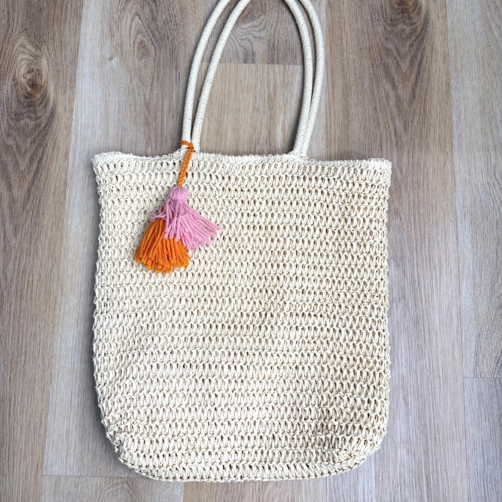 Unbranded (Beige) Woven Straw‎ Tassel Tote Bag Womens Large